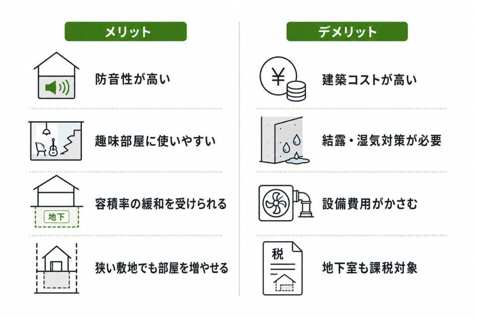 地下室を増築するメリット(防音性や容積率の緩和など)とデメリット(建築コストや湿気対策など)を左右で比較した図解。