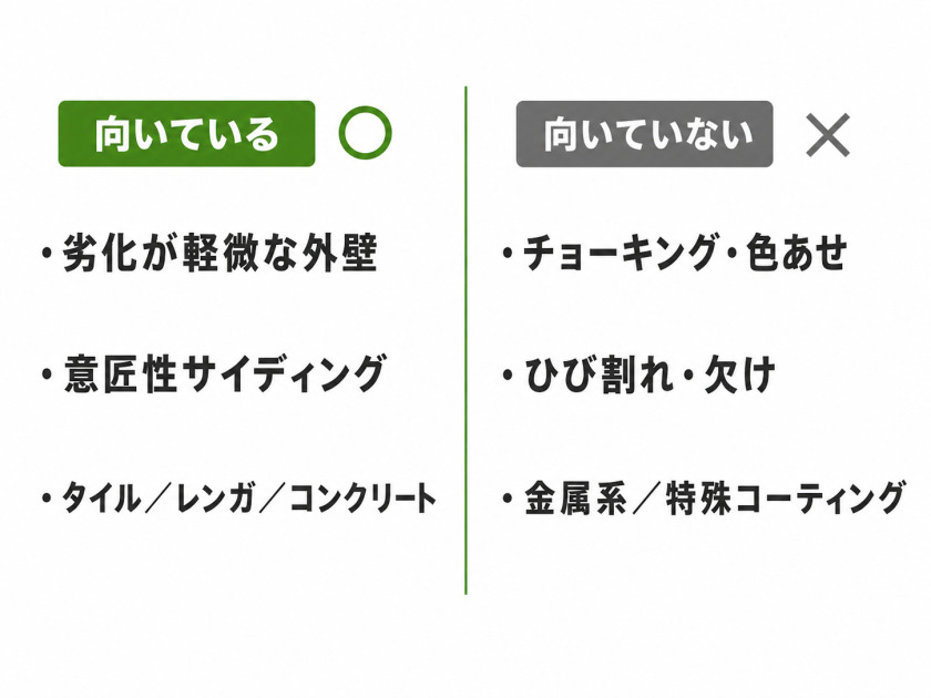 クリア塗装が向くケースと向かないケースを左右で対比した図。劣化が軽い外壁や意匠性サイディングは可、チョーキングやひび割れ・金属系外壁は不可と整理している。