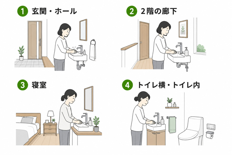 手洗い場の増設におすすめの4か所として玄関・ホール、2階の廊下、寝室、トイレ横・トイレ内を、手を洗う人物のイラストとともに並べた図解。設置場所選びの参考になる。