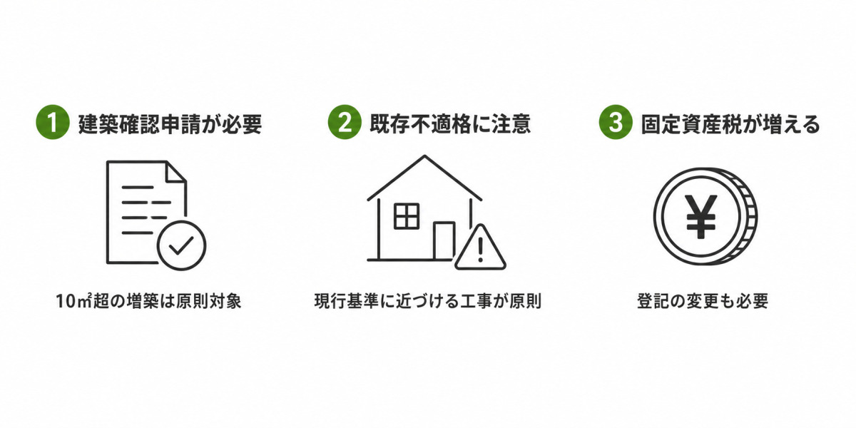 増築の着工前に押さえる3つの注意点を示した図。10㎡超は原則対象となる建築確認申請、現行基準に近づける既存不適格への対応、登記変更も伴う固定資産税の増加。増築費用以外の費用と手続きの注意点。