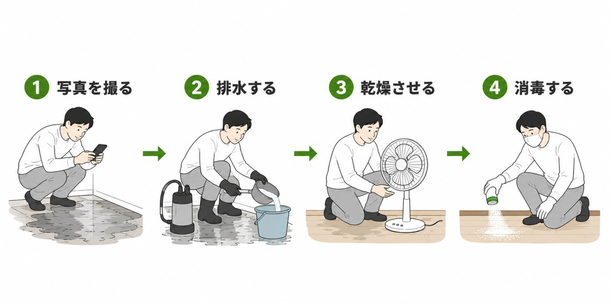 床下浸水の対処を写真撮影・排水・乾燥・消毒の4ステップで示した図解。各工程を人物イラストと緑の番号で順番に並べたハピすむの解説図。