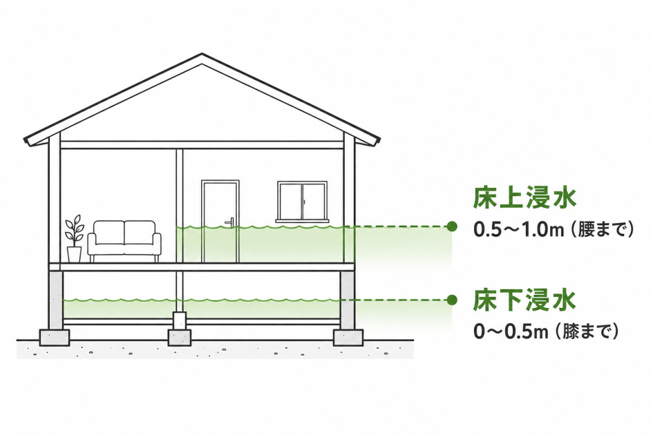 床下浸水と床上浸水の違いを住宅の断面図で示した図解。床下は0〜0.5m、床上は0.5〜1.0mと水位の深さを緑のラインで対比したハピすむの解説図。