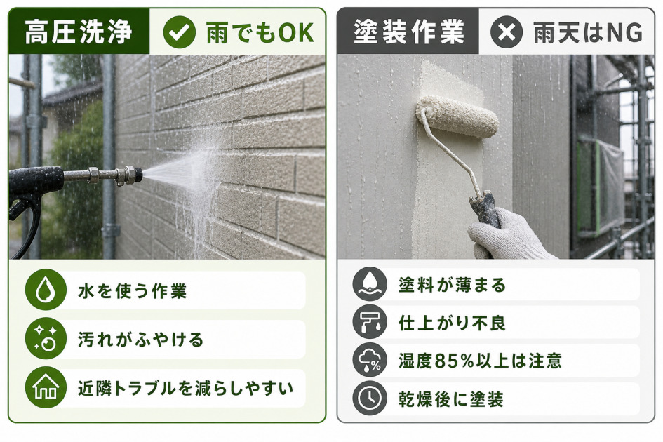 雨の日でも高圧洗浄はできる一方、塗装作業は雨天や湿度85%以上で避けるべきことを対比した図解。