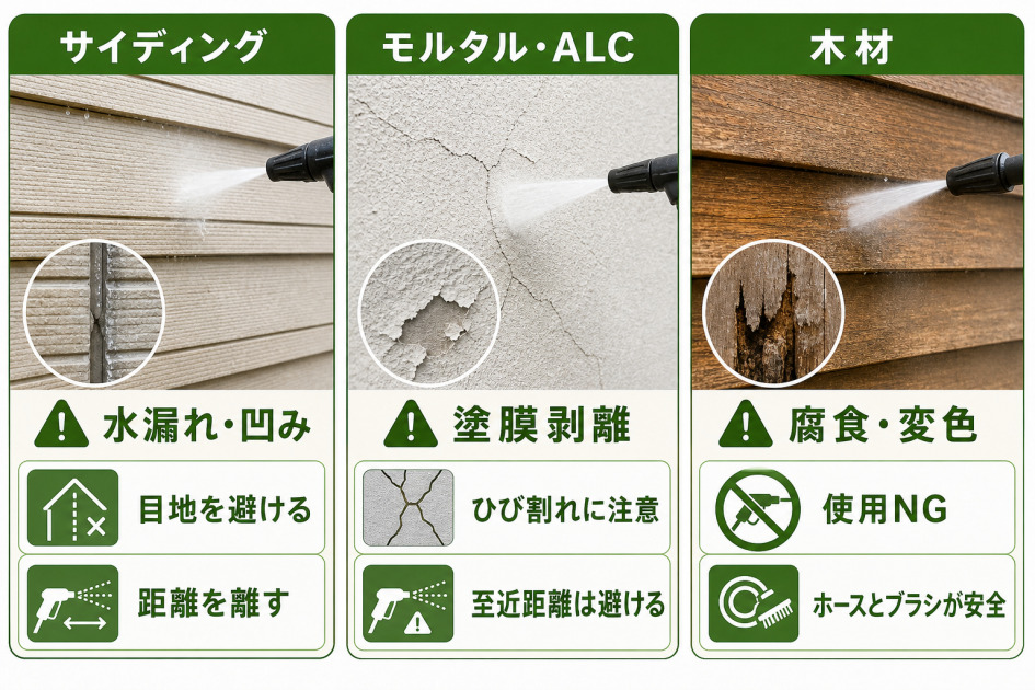 塗装後の外壁に高圧洗浄機を使う場合のリスクを、サイディング、モルタル・ALC、木材の素材別に整理した図解。
