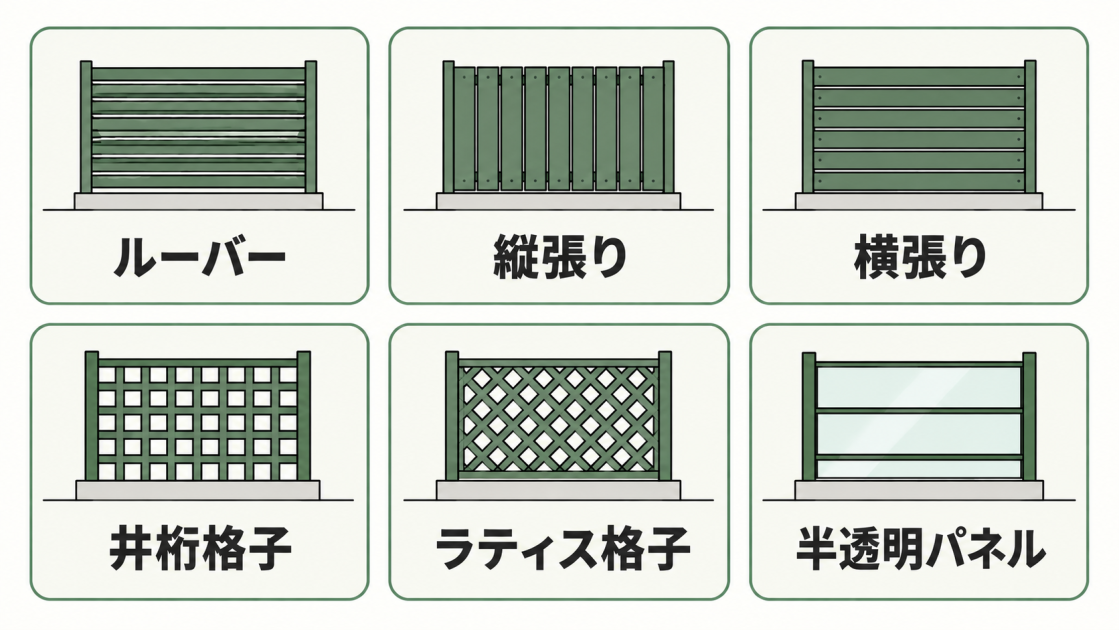 ルーバー、縦張り、横張り、井桁格子、ラティス格子、半透明パネルの6種類を並べた図解