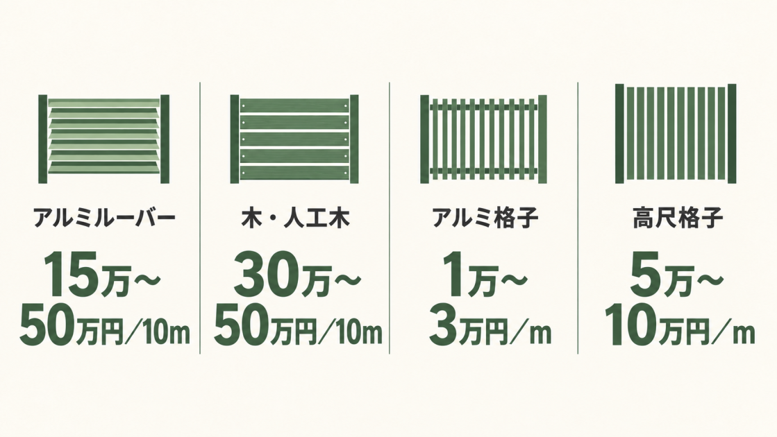 アルミルーバーは10mで15万〜50万円、木・人工木は10mで30万〜50万円、アルミ格子は1mで1万〜3万円、高尺格子は1mで5万〜10万円の費用目安を示した図解