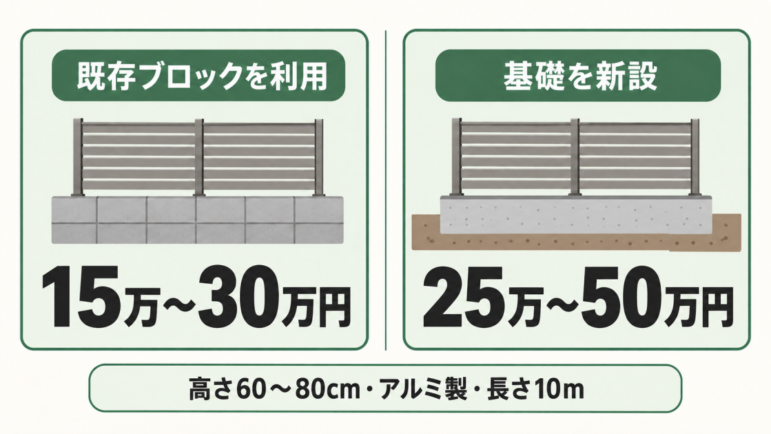高さ60〜80cm・長さ10mのアルミ製外装ルーバーについて、既存ブロック利用は15万〜30万円、基礎新設は25万〜50万円と比較した図解
