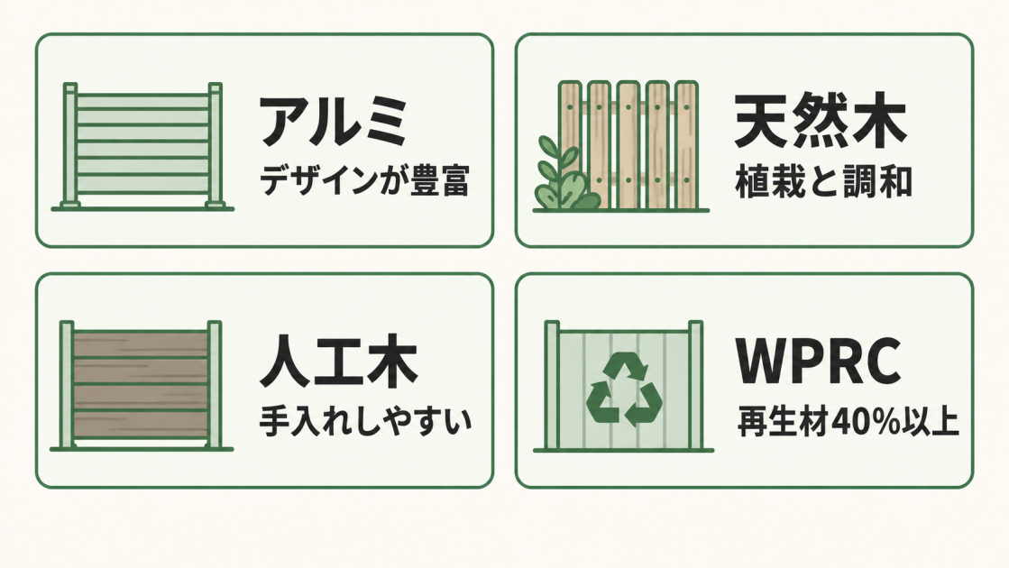 アルミはデザインが豊富、天然木は植栽と調和、人工木は手入れしやすい、WPRCは再生材40％以上という特徴を示した図解