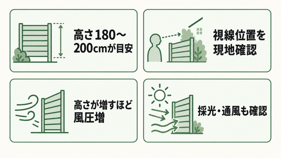 目隠しフェンスは高さ180〜200cmを目安に、現地の視線位置、風圧、採光と通風を確認することを示した図解
