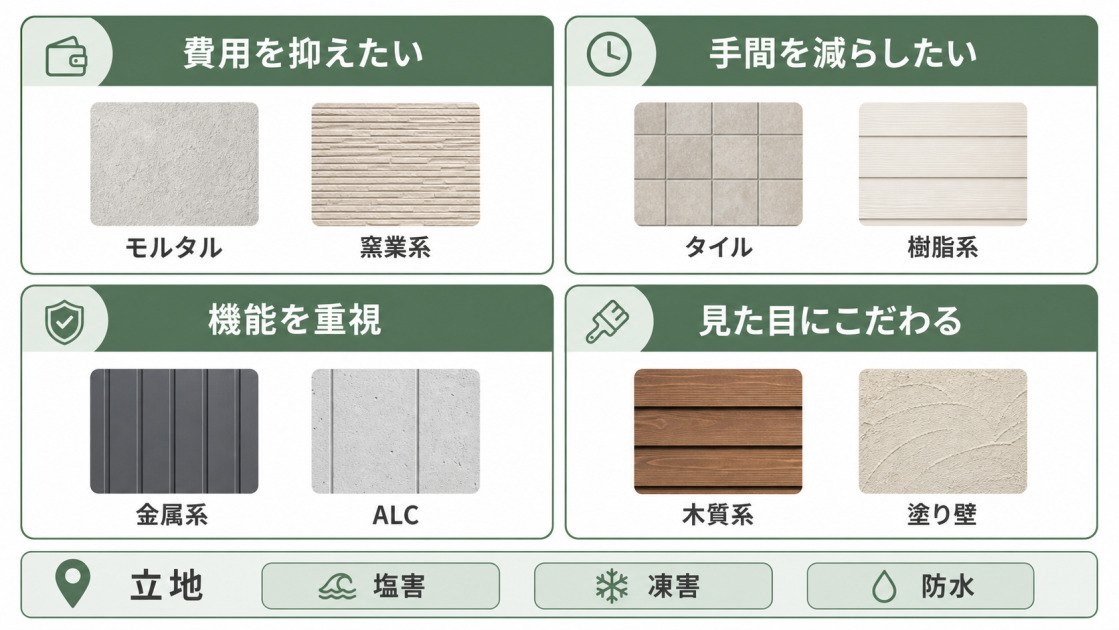 費用、メンテナンスの手間、機能性、デザイン性の4基準から外壁材を選ぶ方法を示した図