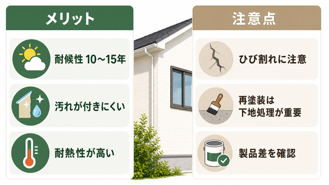 外壁塗装に使うシリコン塗料について、耐候性や防汚性などのメリットと、ひび割れ・再塗装・製品差の注意点を比較した図解
