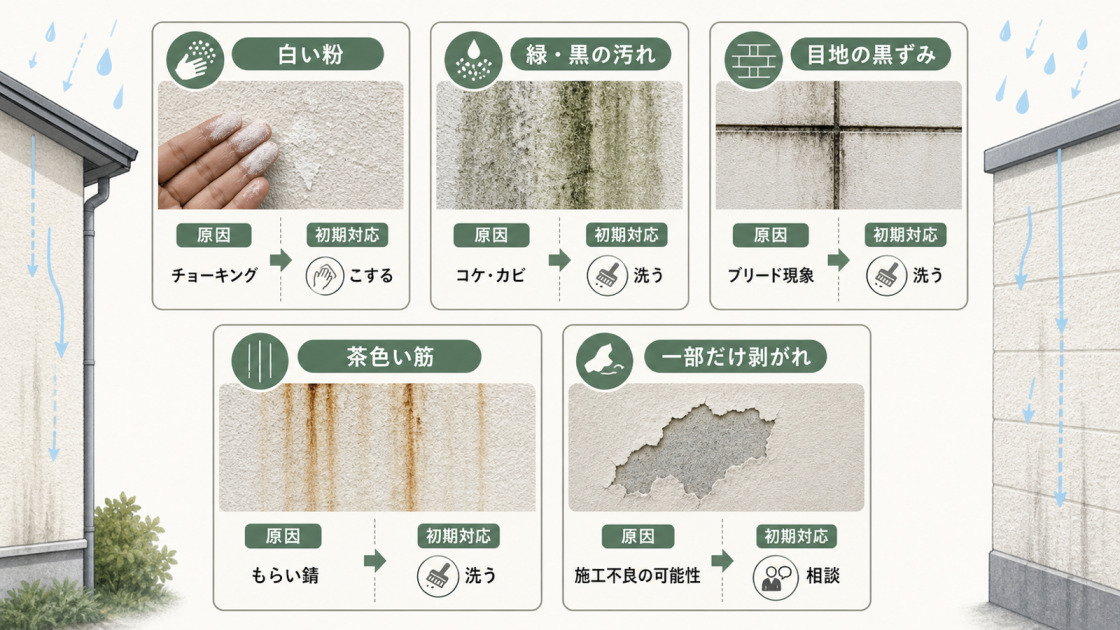 白い粉、緑や黒の汚れ、目地の黒ずみ、茶色い筋、一部だけの剥がれから外壁の変色原因を見分ける図解