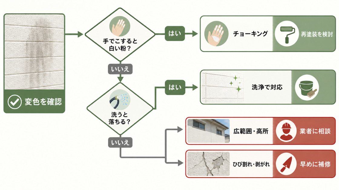 外壁の変色を確認したあと、チョーキング、洗浄で落ちる汚れ、広範囲や高所、ひび割れや剥がれ別に対処を分ける図解