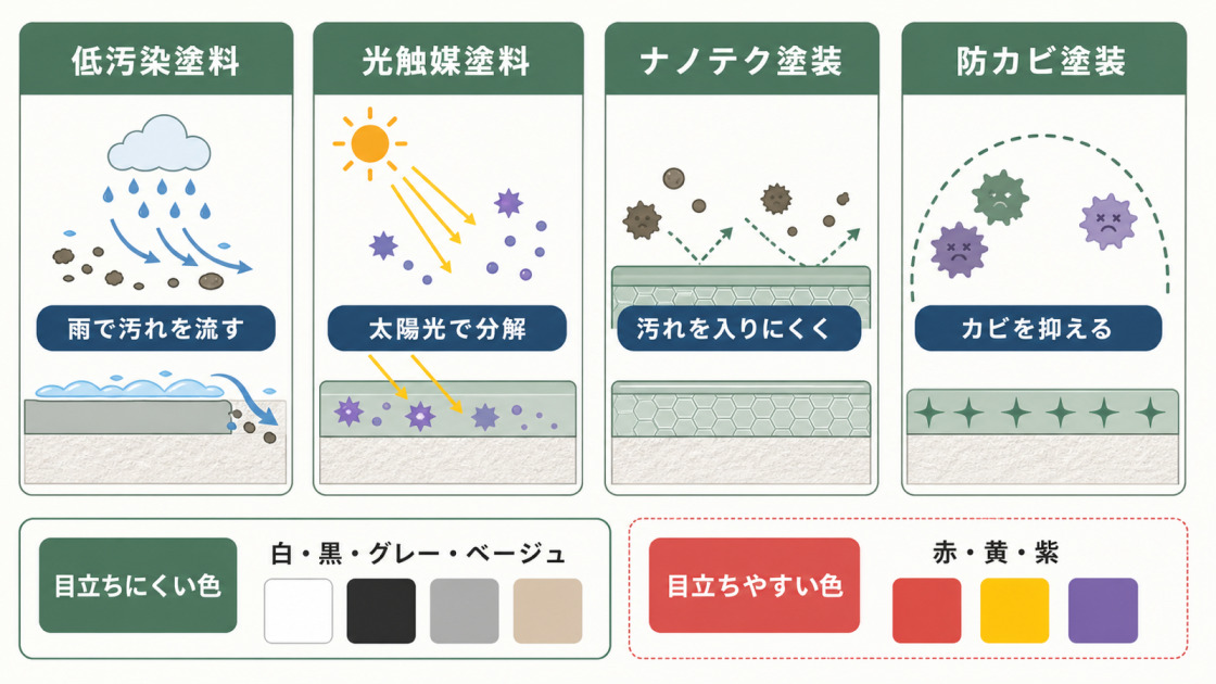 低汚染塗料、光触媒塗料、ナノテク塗装、防カビ塗装の特徴と、色あせが目立ちにくい外壁色を示した図解