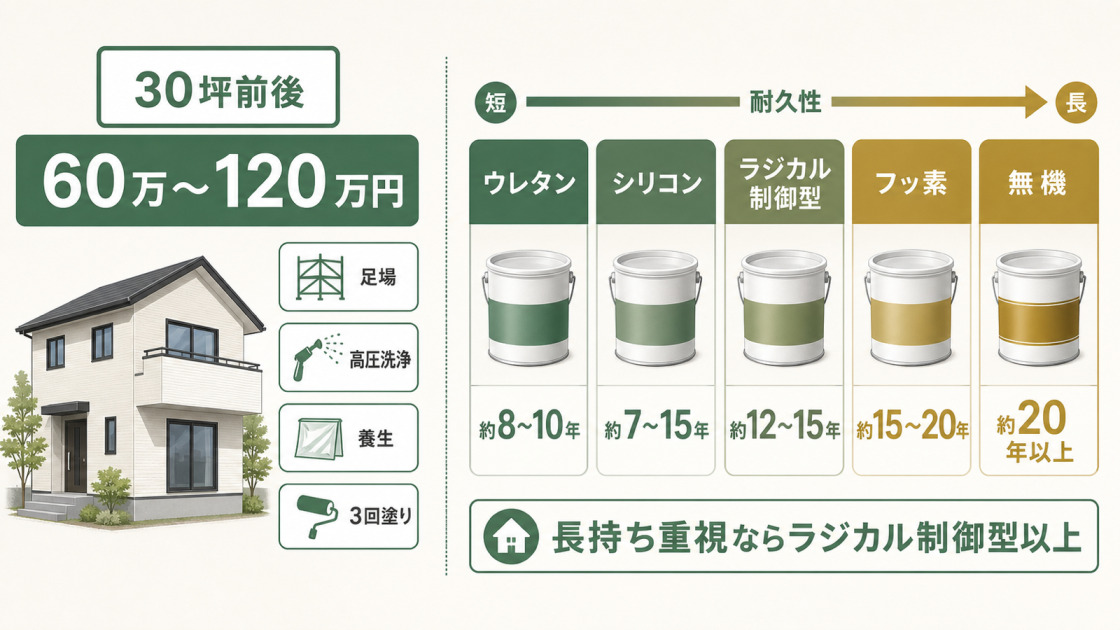 30坪前後の外壁再塗装費用60万〜120万円の内訳と、塗料ごとの耐用年数を比較した図解