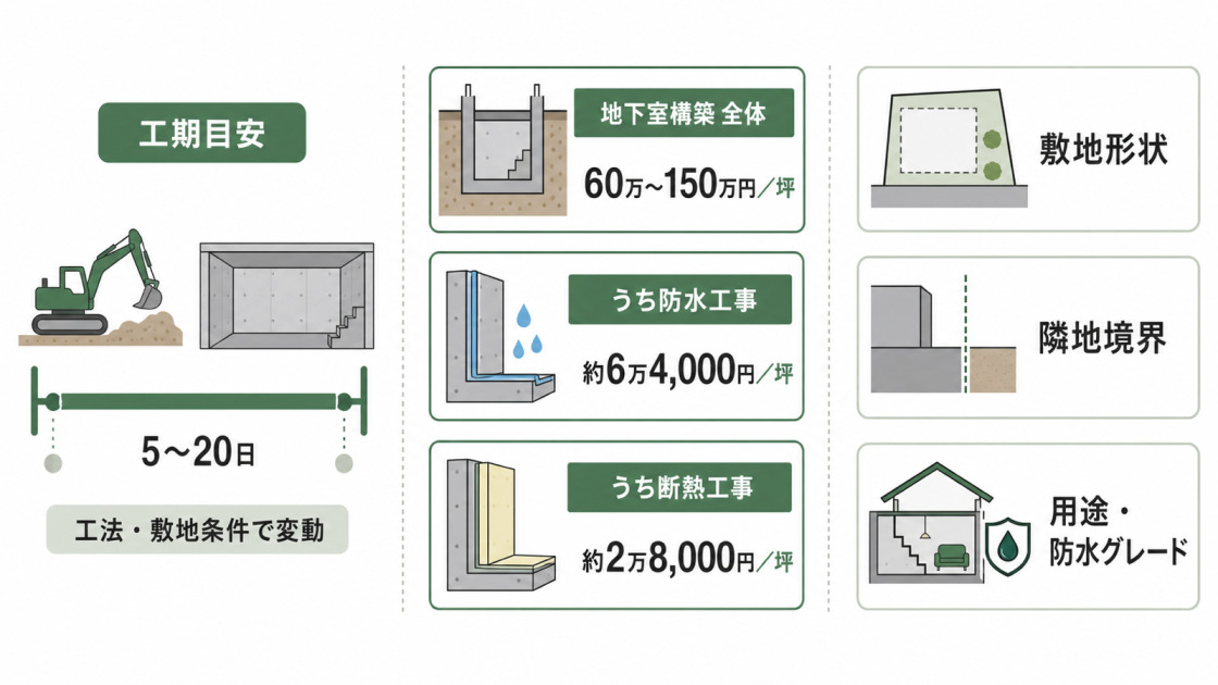 地下外壁防水の工期目安、地下室構築費用、防水工事と断熱工事の坪単価、費用を左右する条件をまとめた図解