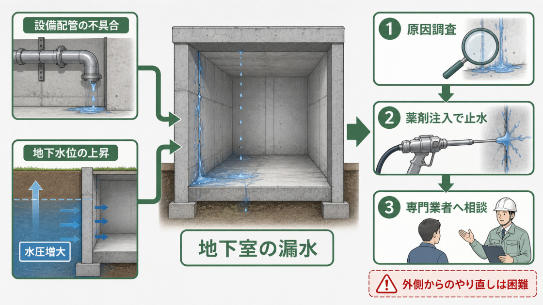 地下室の漏水原因として設備配管の不具合と地下水位の上昇を示し、原因調査から薬剤注入、専門業者への相談までの流れを示した図解