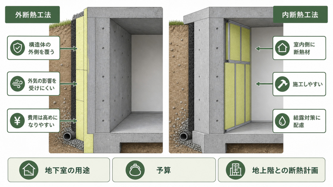 地下室の結露対策として、鉄筋コンクリート造の外断熱工法と内断熱工法の断熱位置や特徴を比較した図解