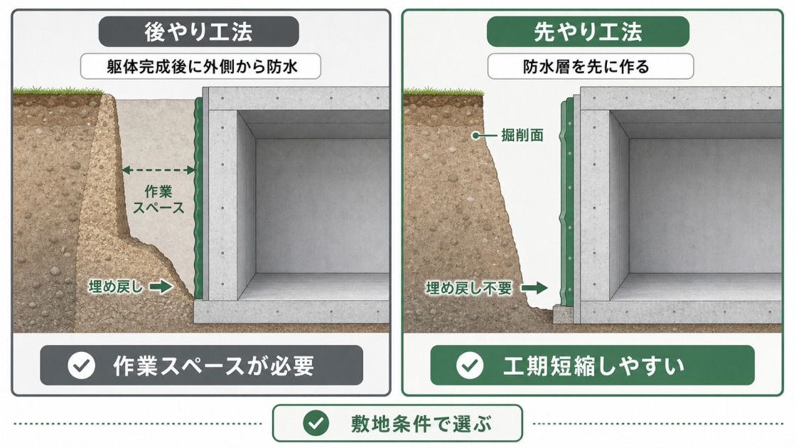 地下外壁の防水工法について、後やり工法と先やり工法の施工順序や作業スペース、埋め戻しの違いを比較した図解