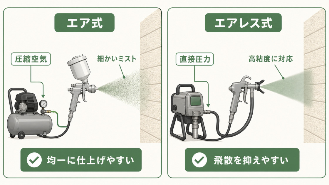 外壁の吹き付け塗装で使うエア式とエアレス式スプレーガンの特徴を比較した図解