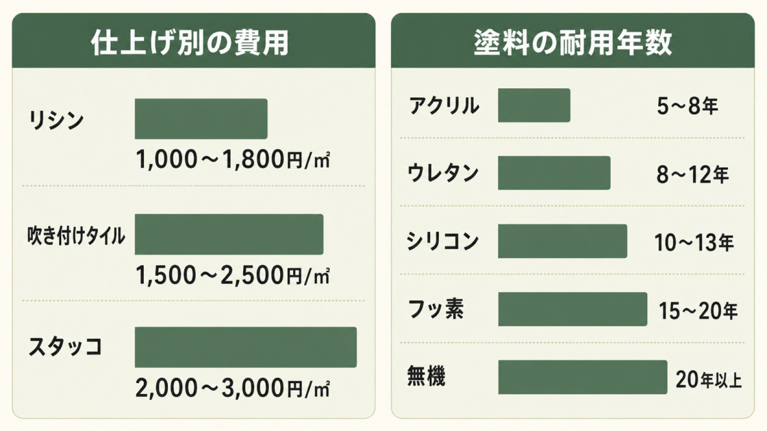 吹き付け塗装の仕上げ別費用相場と塗料グレード別の耐用年数を並べた図解