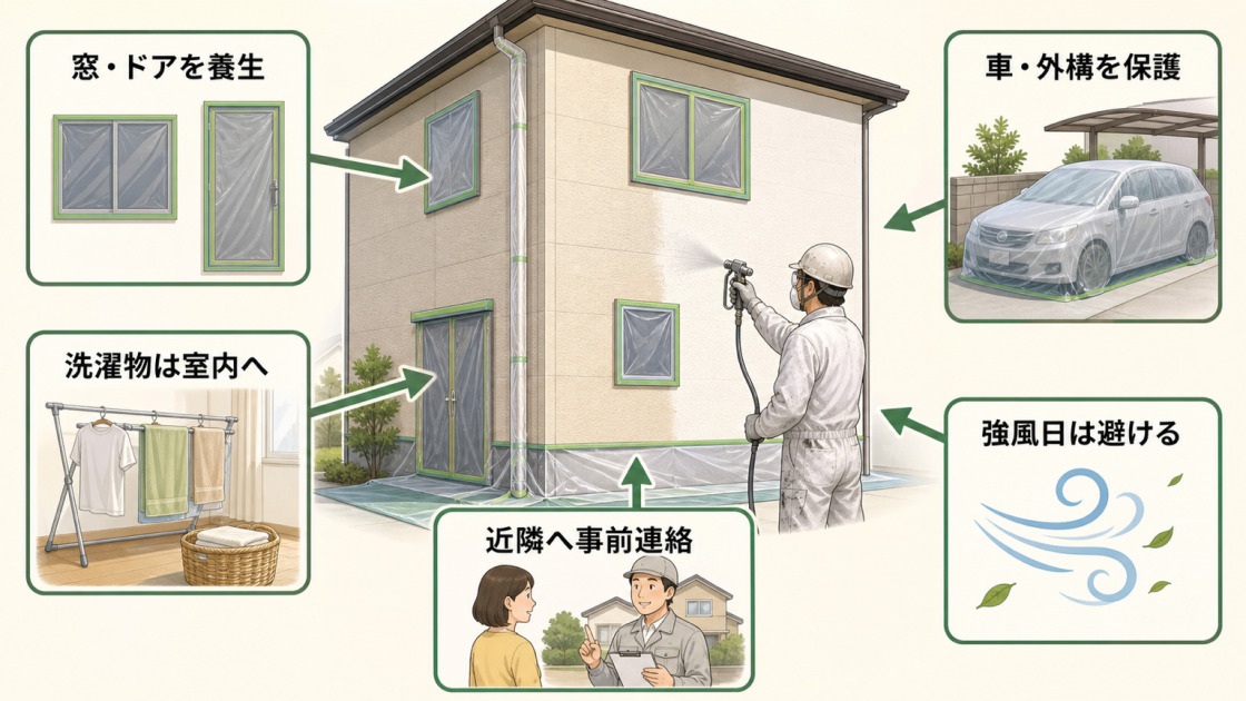 外壁の吹き付け塗装で塗料の飛散を防ぐための養生や近隣配慮をまとめた図解