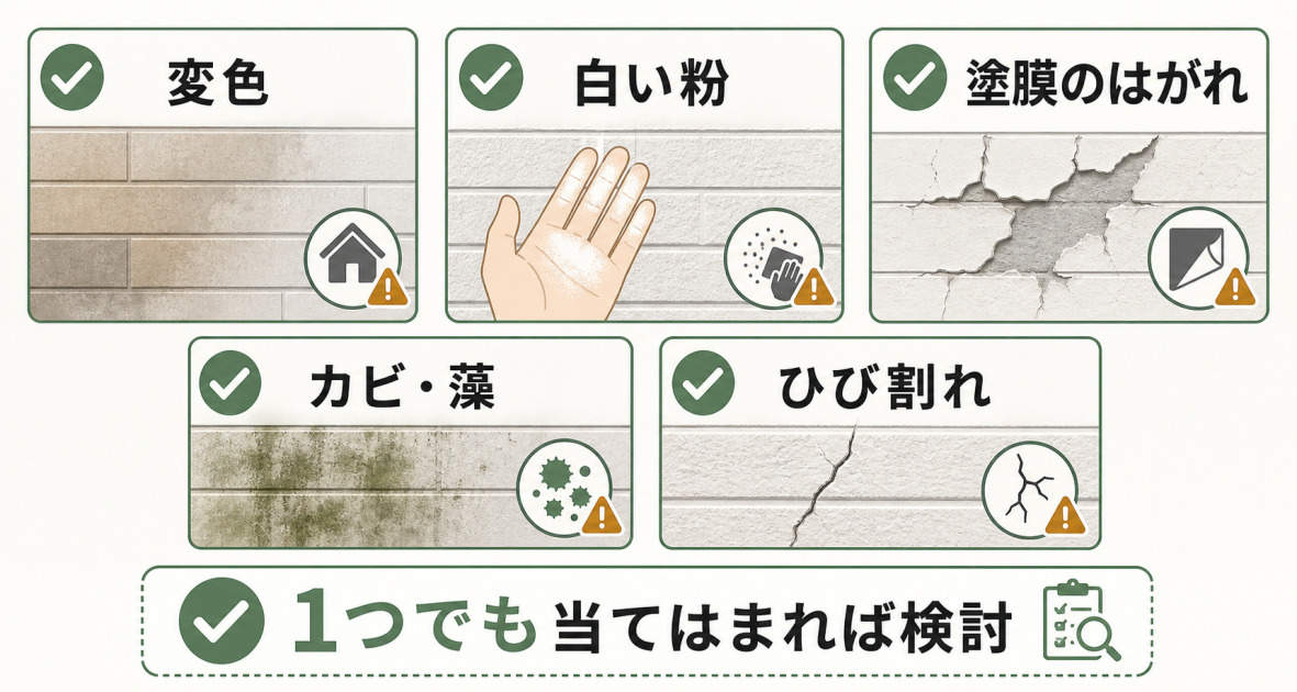 外壁の変色、白い粉、塗膜のはがれ、カビや藻、ひび割れを示した外壁塗装の劣化サイン図解