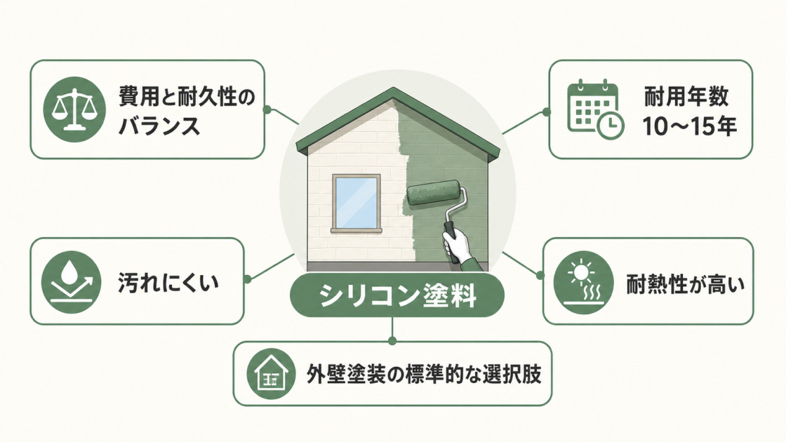 外壁塗装で使うシリコン塗料について、費用と耐久性のバランスや耐用年数、汚れにくさ、耐熱性を示した図解