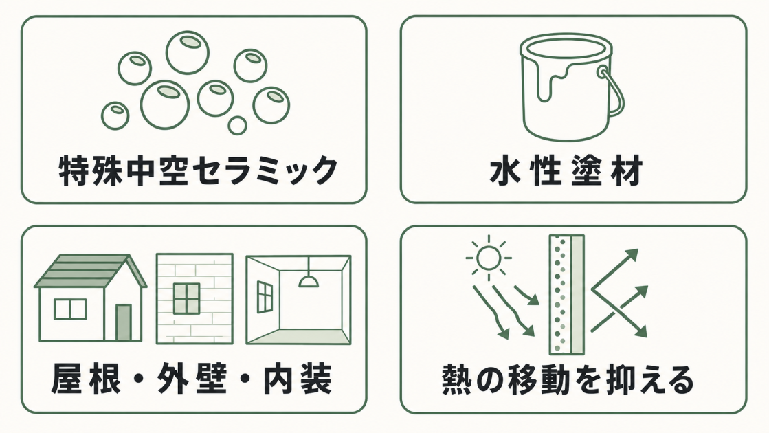 ガイナ塗料の特徴として、特殊中空セラミック、水性塗材、屋根・外壁・内装への使用、熱の移動を抑える働きを示す図解