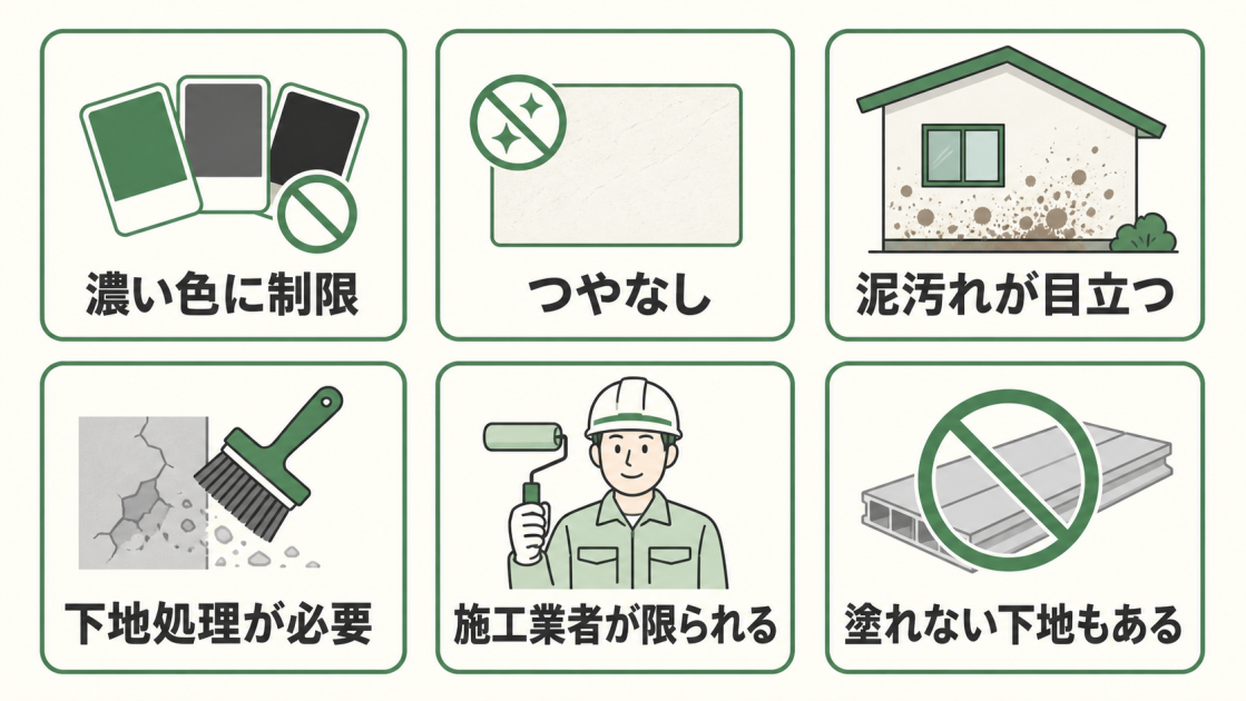 ガイナ塗装の濃色制限、つやなし、泥汚れ、下地処理、施工業者、塗れない下地に関する6つの注意点を示す図解