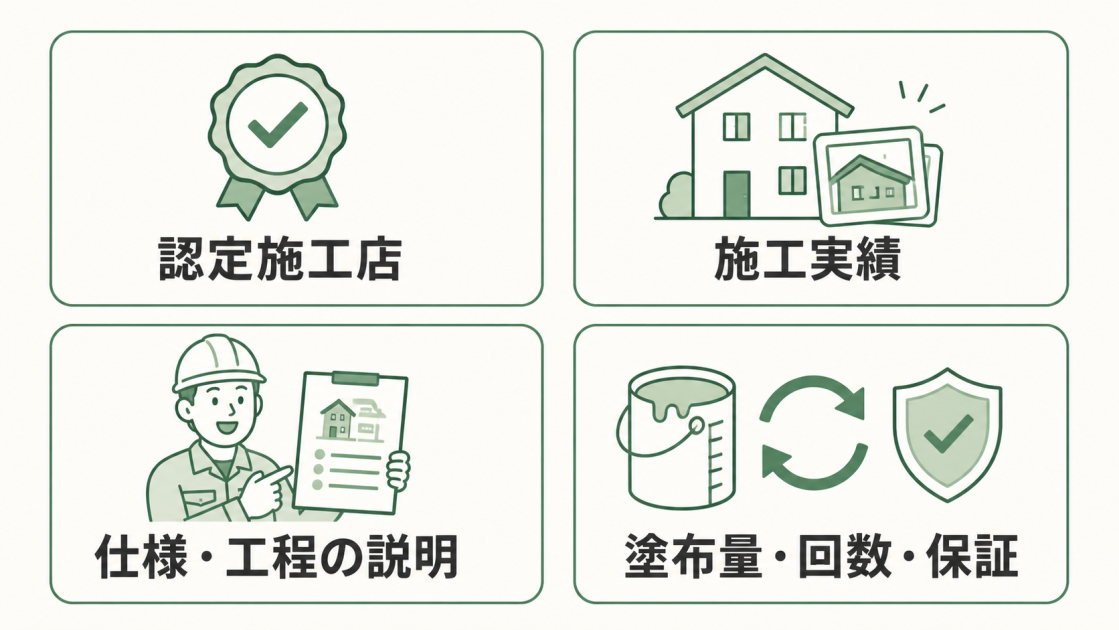 ガイナ塗装業者選びで確認する認定施工店、施工実績、仕様と工程の説明、塗布量・回数・保証の4項目を示す図解