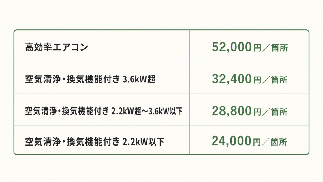 2026年のエアコン補助金で、高効率エアコンは52,000円、空気清浄・換気機能付きエアコンは能力別に24,000円から32,400円が補助されることを示す早見表
