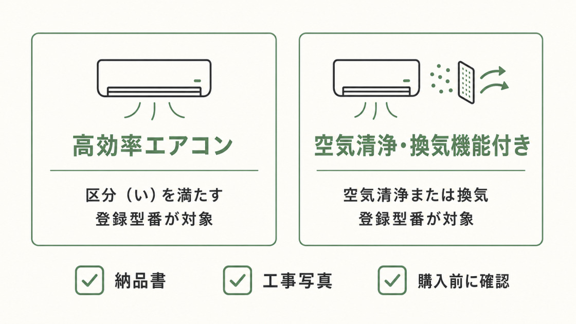みらいエコ住宅2026事業で補助対象になる高効率エアコンと空気清浄・換気機能付きエアコンの違い、登録型番や書類確認のポイントを示す図