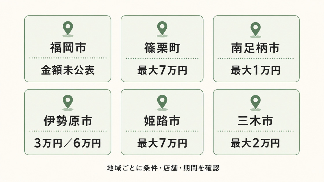 福岡市、篠栗町、南足柄市、伊勢原市、姫路市、三木市のエアコン補助金額例と、地域ごとに条件や店舗、期間の確認が必要なことを示す比較図