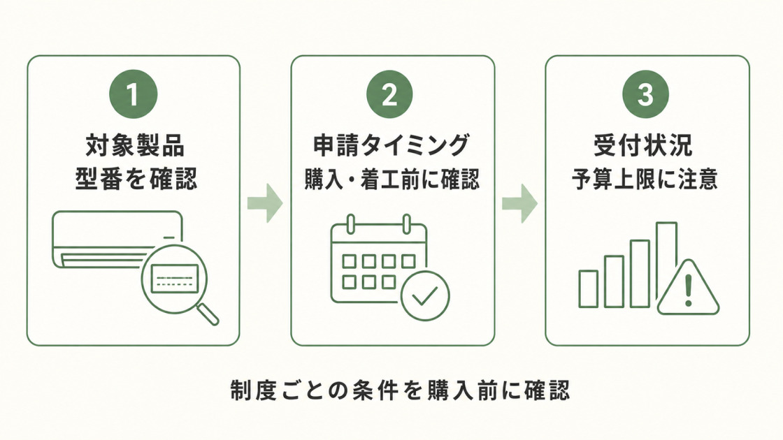 エアコン補助金を使う前に、対象製品の型番、購入や着工前の申請タイミング、予算上限による受付状況を確認する流れを示す図