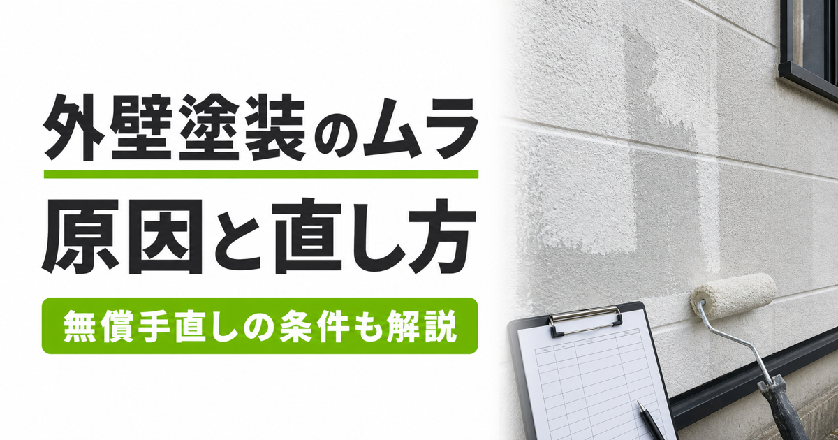 外壁塗装のムラがある外壁と塗装ローラーの画像。「外壁塗装のムラ 原因と直し方 無償手直しの条件も解説」と書かれている。