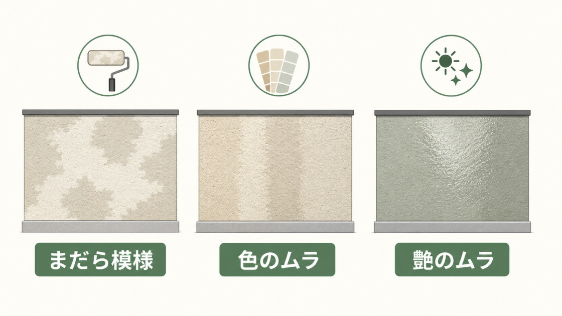 外壁塗装のまだら模様、色のムラ、艶のムラを3つに分けて示した図解