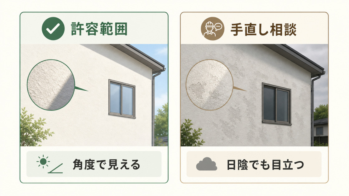 外壁塗装の軽度なムラと手直し相談が必要な明らかなムラの判断基準を比較した図解