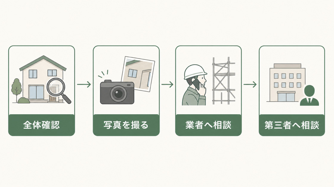 外壁塗装のムラを見つけた後に全体確認、写真撮影、業者相談、第三者相談へ進む流れを示した図解