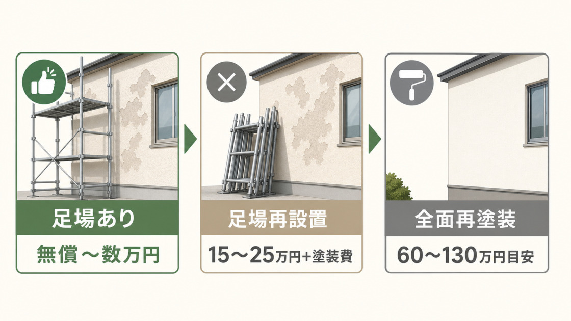 外壁塗装のムラ補修費用が足場の有無や全面再塗装で変わることを示した図解