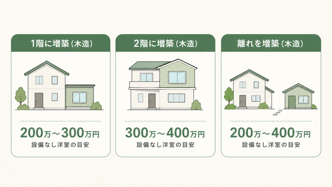 6畳の部屋を1階・2階・離れに増築する場合の木造費用相場を比較した図解。1階は200万〜300万円、2階は300万〜400万円、離れは200万〜400万円が目安。