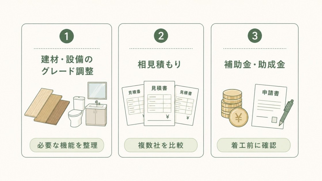 6畳増築の費用を抑える方法をまとめた図解。建材や設備のグレード調整、複数業者への相見積もり、補助金・助成金制度の活用を紹介している。