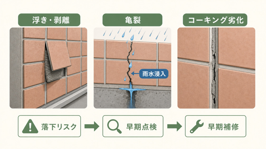 マンション外壁タイルの浮き・剥離、亀裂、コーキング劣化と落下リスクを示す図解