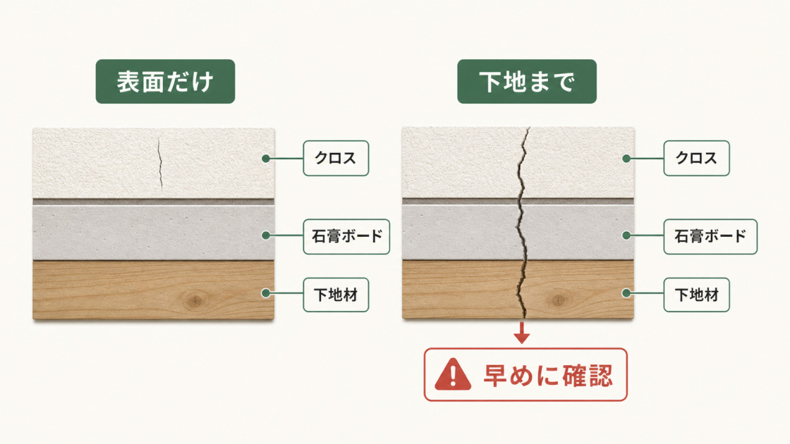 天井クロス表面だけのひび割れと石膏ボードや下地材まで達した亀裂の断面比較