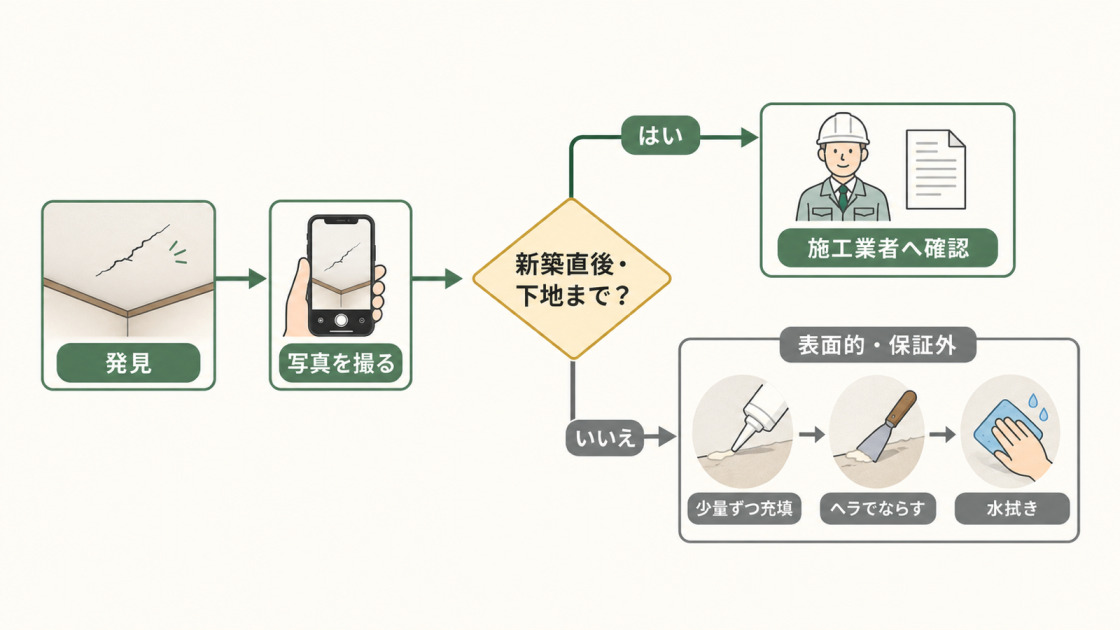 天井クロスのひび割れ発見後に写真記録や業者確認を行い表面的な場合に少量ずつ補修する流れ