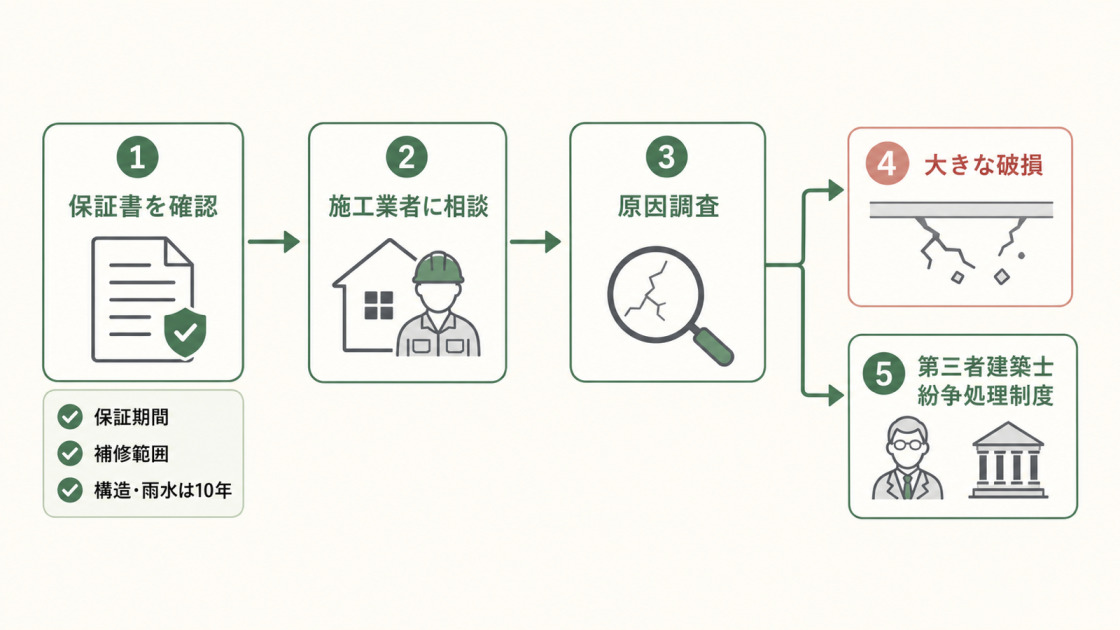 新築の天井クロスのひび割れで保証書確認から施工業者相談や第三者建築士への相談へ進む流れ