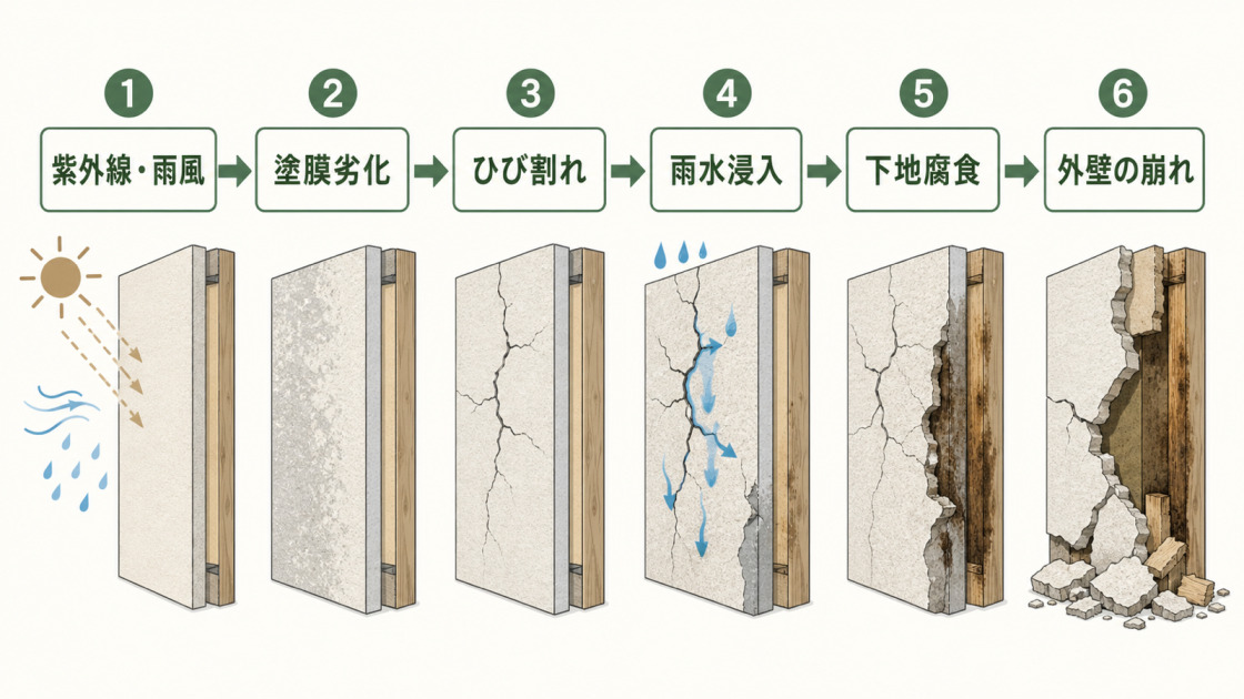 紫外線や雨風で塗膜が劣化し、ひび割れから雨水が入り下地腐食を経て外壁が崩れる流れ