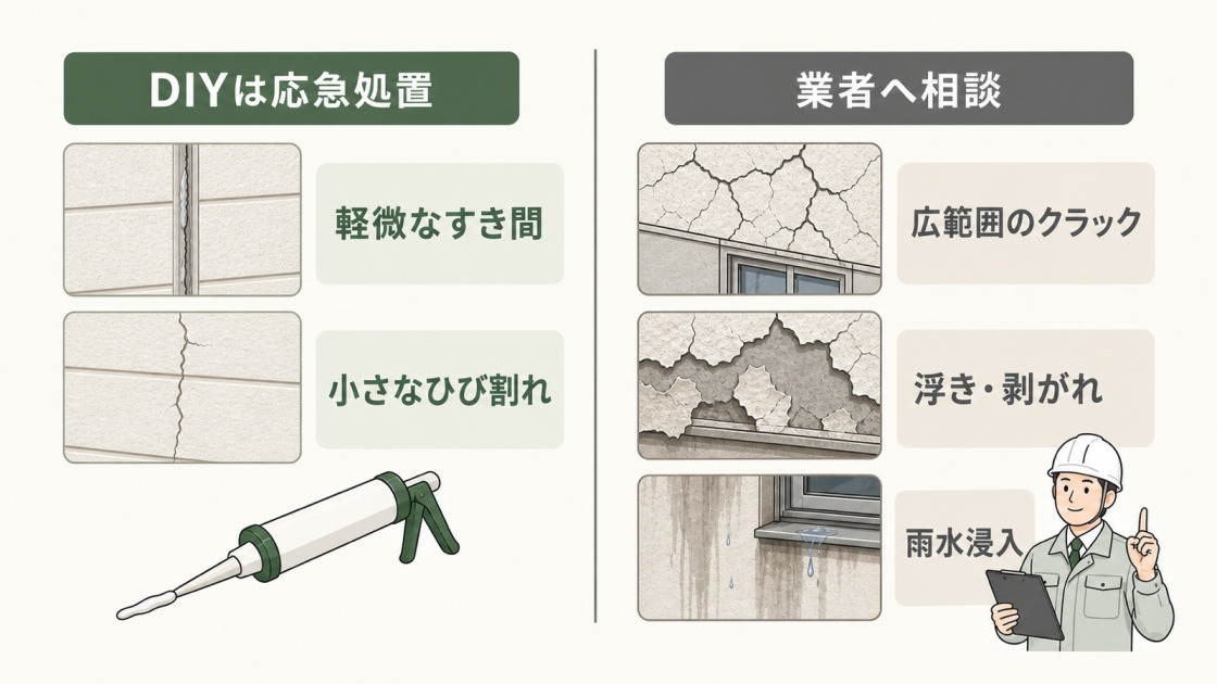 軽微なすき間や小さなひび割れはDIY応急処置、広範囲のクラックや浮き剥がれや雨水浸入は業者へ相談する判断目安