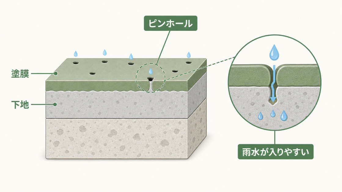 外壁塗装の塗膜に小さなピンホールができ、雨水が入りやすくなる仕組みを示した図解