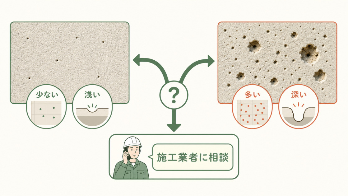 外壁塗装のピンホールが少ない浅い場合と多い深い場合を比較し、施工業者への相談が必要なことを示した図解